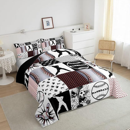 Feelyou Rugby Sports Comforter Set Twin Size Football Comforter for Boys Girls Teens Baseball Bedding Set Basketball Duvet Set Room Decor Balck Grey White Mixed Ball Quilt Set