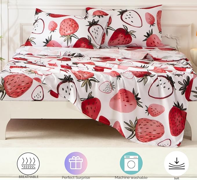 SDY 7PCS Strawberry Comforter and Sheet Set Queen Size, Cute Kawaii Pink Bedding Set for Girls, Kids Includes 1*Comforter,1* Flat Sheet, 1*Fitted Sheet,2*Pillowcases and 2*PillowcaseShams