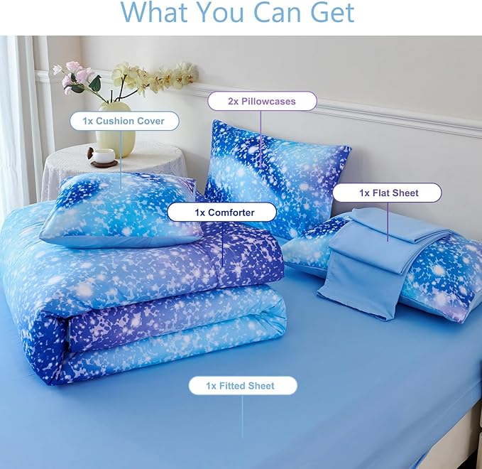 PERFEMET Queen Comforter Set with Sheets 6 Pieces Girls Bedding Set Fluffy Bed in A Bag for Girl Bedroom Colorful Rainbow Glitter Bed Sets for Kids Teens Girls (Blue, Queen)