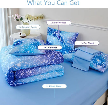 PERFEMET Blue Twin Comforter Set for Girls, 6 Pieces Twin Bed in A Bag, 3D Colorful Kids Bedding Comforter Set with Sheets, Tie Dye Ombre Fluffy Teen Girl Bed Set (Blue, Twin)