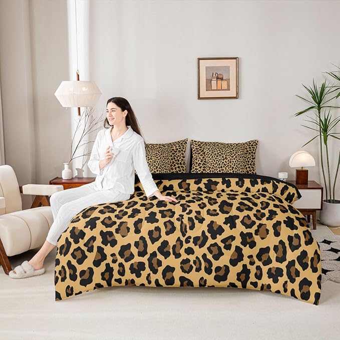 Erosebridal Gold Black Leopard Print 7 Piece Bedding Set Twin | Animal Skin Pattern Comforter Set with Sheets Cheetah Fur Bed in A Bag Women Men Adults Bed Sets
