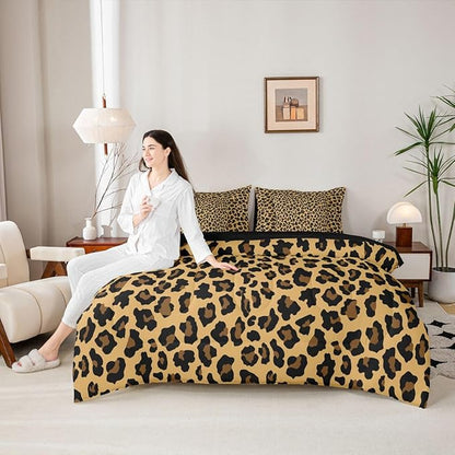 Erosebridal Gold Black Leopard Print 7 Piece Bedding Set Twin | Animal Skin Pattern Comforter Set with Sheets Cheetah Fur Bed in A Bag Women Men Adults Bed Sets