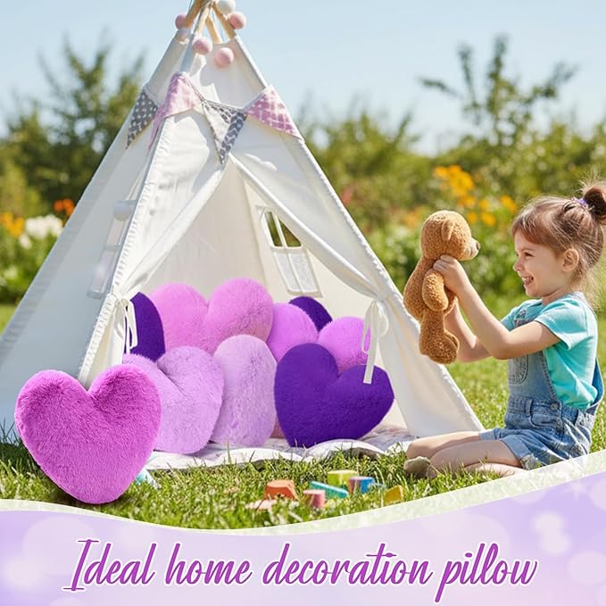 9 Pcs Purple Series Heart Pillow Faux Rabbit Fur Fluffy Love Heart Throw Pillows Cute Decorative Soft Throw Cushion Gift for Women Couch Bed Sofa Chair Home 11 in