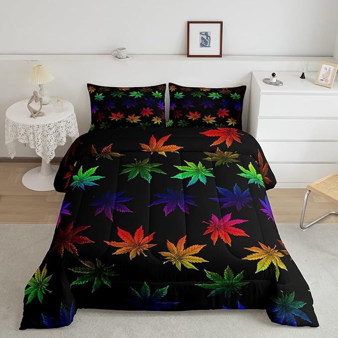 Erosebridal Rainbow Leaf Bedding King, Leaves Comforter Set for Women Girls Men,Nature Botanical Plants Down Comforter,Neon Tie Dye Hippie Bedding Comforter Sets