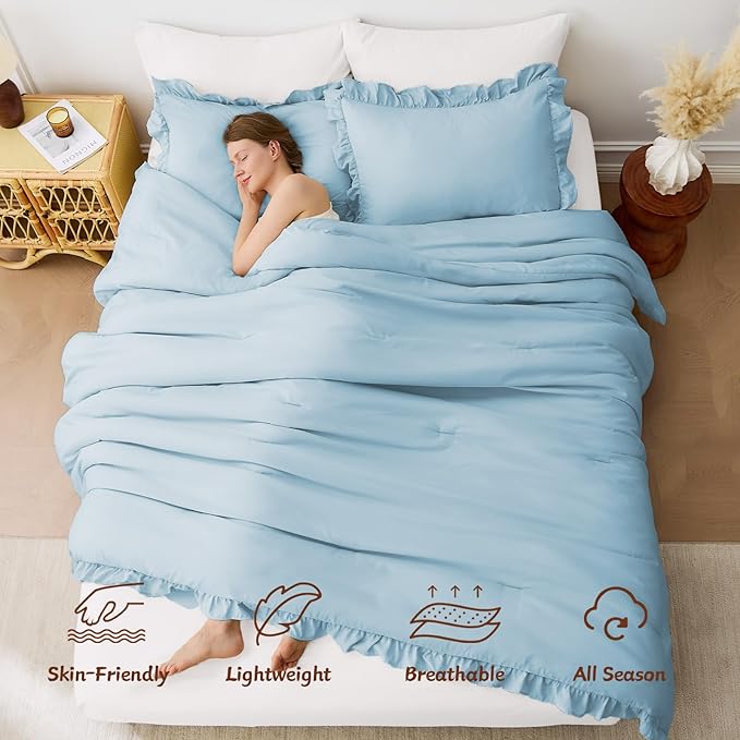 FUANNA King Size Comforter Set Light Blue, 3 Pieces Ruffle King Bedding Set, Fluffy Farmhouse Bed in a Bag King with 1 Lightweight Comforter & 2 Pillowshams