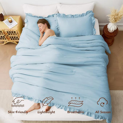 FUANNA Queen Comforter Set Light Blue, 3 Pieces Ruffle Queen Bed Set, Fluffy Bed in a Bag Queen for All Seasons, Shabby Chic Bedding Comforter Sets with 1 Lightweight Comforter & 2 Pillowshams