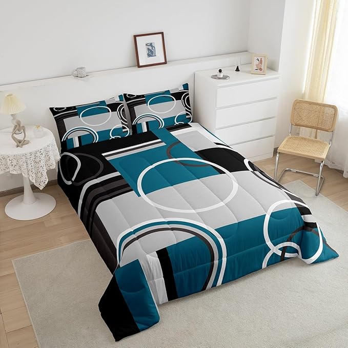 Erosebridal Modern Turquoise Decor Comforter Set Gray Black Blue Stripe Geometric Down Comforter Full Size Retro Circle Swirls Bedding Set Modern Abstract Texture Color Art Duvet Set