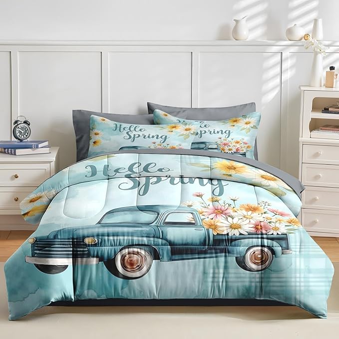 Nesker 7 Pcs Spring Comforter Set Full Size, Truck Flowers Farmhouse Bedding Set for Kids and Adults, Blue Daisy Bed Sheet Sets with Fitted Sheet 2 Pillowcases & 2 Shams