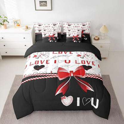 Feelyou Twin Size Valentine's Day Comforter Set with Sheets Boys Girls Red Bowknot 7 Piece Bedding Set for Adult Women Men Love Theme Bed in a Bag Black White Bed Set