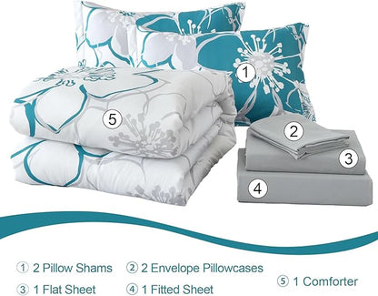 Anibedding Teal Floral Comforter Set King Size 7 Piece, Teal Blue Flower Bed in a Bag, Elegant Botanical Floral Comforter Soft Microfiber Complete Bedding Set for All Season, (Teal, 104"x90")