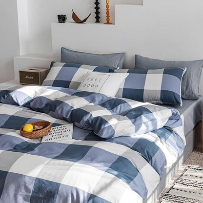 mixinni Queen Comforter Set Soft Fluffy Modern Style Checkered Pattern Comforter for Boys Mens, 1 Blue White Grey Geometric Comforter and 2 Pillowcases, All Seasons-Queen Size