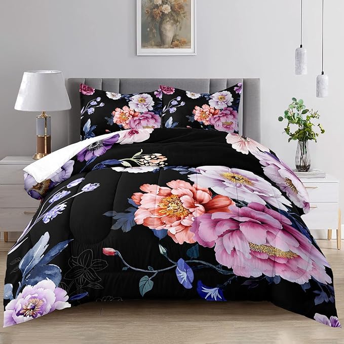 Raphus Cucullatus Dark Floral Bedding Queen Comforter Set, Black and Pink Goth Boho Botanical Bedding, Pretty Floral Bed Set