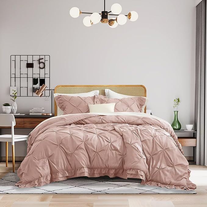Pink Comforter Set Full Size 3 Pieces for All Season 1 Comforter and 2 Pillowcases Solid Pinch Pleated Ruffles Quilt Princess Shabby Chic Washed Soft Cozy Fluffy Full Bedding Sets for Bedroom