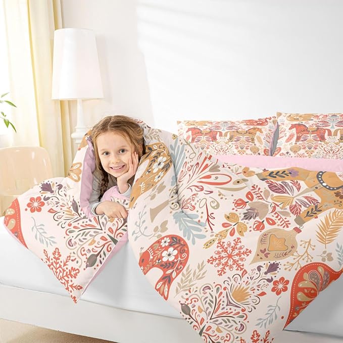 Flower Horse Bedding Sets Full Size,Rustic Farmhouse Comforter Set 3Pcs for Kids Girls Boys Women Room Decor,Boho Squirrel Bird Quilted Duvet Xmas Bells Snowflake Down Comforter,2 Pillowcases