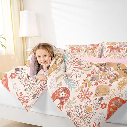 Flower Horse Comforter Set Twin Size,Rustic Farmhouse Bedding Sets 2Pcs for Kids Girls Boys Women Room Decor,Boho Squirrel Bird Quilted Duvet Xmas Bells Snowflake Down Comforter,1 Pillowcase