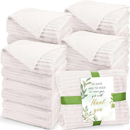 Buryeah 24 Pcs Wedding Flannel Fleece Throw Blanket Bulk with Thank You Card and Ribbon, 50 x 60 in Oeko-TEX Standard 100 Certified Blankets Outdoor Wedding, Guest Party Souvenirs (Cream White)