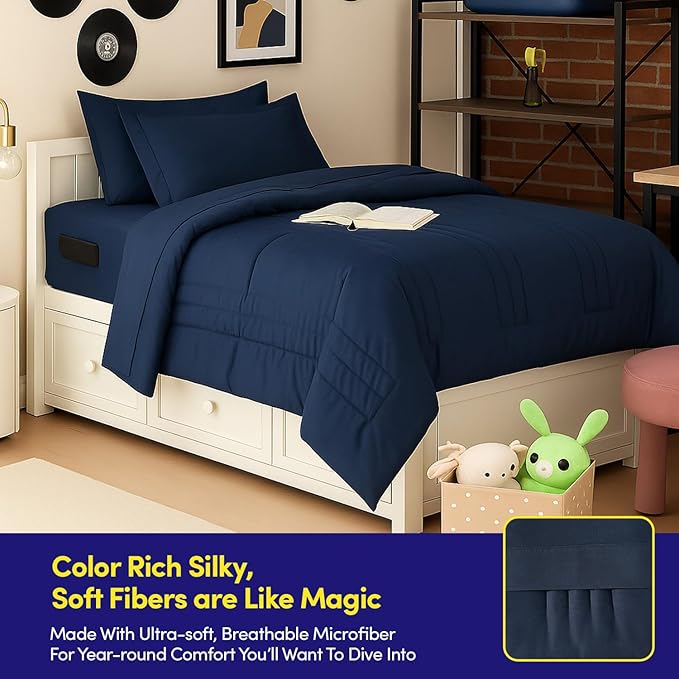 Twin Size Comforter Set Quilted Stripe Bedding Bundle – Stylish Set with Comforter, Mattress Protector, Sheet Set & Pillow Shams — Sophisticated Striped Design for Home & Guest Rooms, Navy Blue