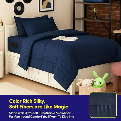 Twin Size Comforter Set Quilted Stripe Bedding Bundle – Stylish Set with Comforter, Mattress Protector, Sheet Set & Pillow Shams — Sophisticated Striped Design for Home & Guest Rooms, Navy Blue