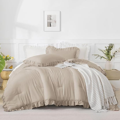 Andency Oversized King Ruffle Comforter Set 120x120, 3 Pieces Wheat Lightweight Fluffy Super King Bedding Set, Shabby Chic Famhouse All Season Bed Set for Girls Women