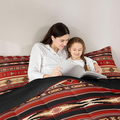 Aztec Bedding Set Ethnic Tribal Arrow Queen Comforter Set,Vintage Southwestern Native Bohemian Quilt,Western Star Duvet Insert Exotic Geometric Diamond Stripes Room Decor,Red and Black