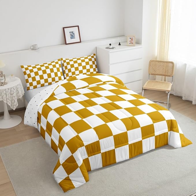 Feelyou Checkered Bedding Set Teen Women Men Yellow White Plaid Decoration Comforter Set Queen Size Kids Boys Girls Cute Retro Neutral Grid Geometric Duvet Insert Vintage Aesthetic Room Decor