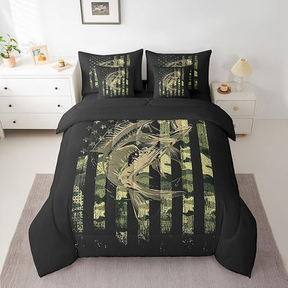 Feelyou Bass Fish Comforter Set King Size 7 Pcs Camouflage American Flag Comforter Bed in a Bag Cabin Lodge Bedding Set for Fisherman Rustic Lake Fishing Bed Set with Sheets, Pillowcases, Pillow Cover