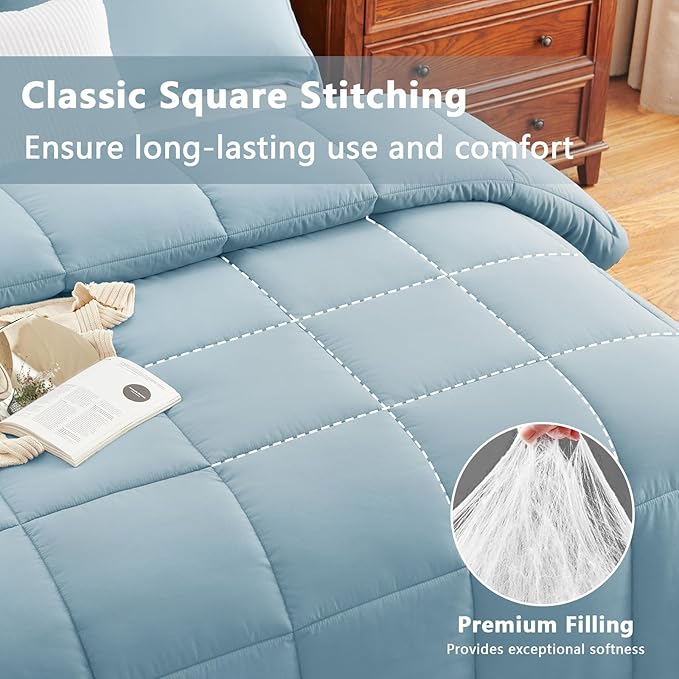 CozyLux Queen Comforter Set - Light Blue Comforters Queen Size, 3 Pieces Box Stitched Bed Set for All Seasons, Soft Lightweight Bedding Sets with 1 Down Alternative Comforter and 2 Pillow Shams