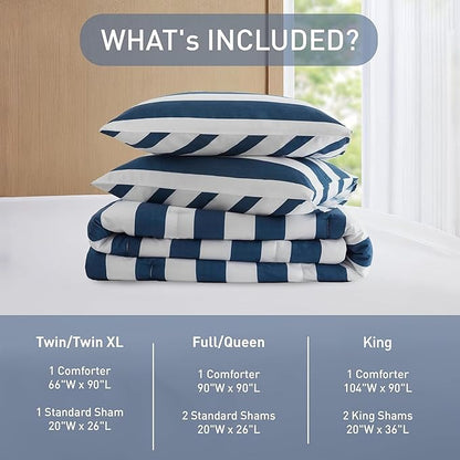 Reversible Striped Twin Comforter Set, Soft Microfiber Bedding Set with Double-Sided Stripes Design, Warm & Cozy for All-Seasons, 2-Piece Comforter and Sham Set Twin Size, Navy