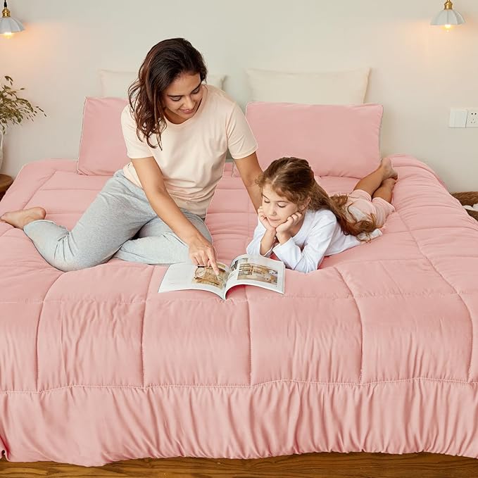 Exclusivo Mezcla Lightweight Reversible Full Queen Size Comforter Set, Down Alternative Comforter with 2 Pillow Sham, Full Queen Size Bedding Set for All Seasons, Blush Pink/Light Grey