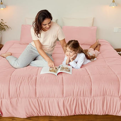 Exclusivo Mezcla Lightweight Reversible Full Queen Size Comforter Set, Down Alternative Comforter with 2 Pillow Sham, Full Queen Size Bedding Set for All Seasons, Blush Pink/Light Grey