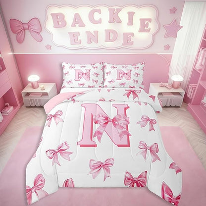 Erosebridal Initial Letter N Bedding Comforter Sets Pink Monogrammed Bowknot Comforter Set Toddler,Dreamy Princess Bow Bedding Set for Kids Girls Teen Women,Cute Girly Bowknot Quilt Duvet