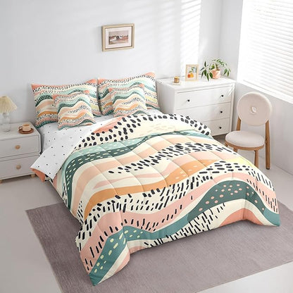 Geometric Wave Bedding Comforter Sets 7pcs Girls Pink Teal Beige Bed in a Bag, Black Polka Dots King Bedding Sets Modern Abstract Art Comforter Set, Vintage Minimalist Bedding Sets & Collections
