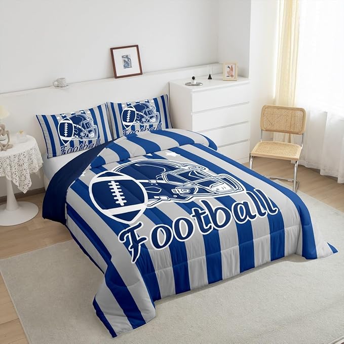 Feelyou Football Comforter Set King Size Rugby Sports Comforter for Boys Girls Teens Gift for Football Lover Bedding Set Soccer Ball Game Duvet Set Navy Quilt Set