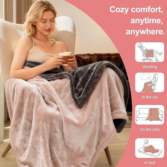 Electric Heated Blanket Throw 50" x 60" Soft Dual-Sided Flannel Fast Heating 12 Heat Levels 1–12H Timer & Overheat Protection & Auto Shut-Off & Machine Washable (Peach Pink & Gray)