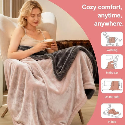 Electric Heated Blanket Throw 50" x 60" Soft Dual-Sided Flannel Fast Heating 12 Heat Levels 1–12H Timer & Overheat Protection & Auto Shut-Off & Machine Washable (Peach Pink & Gray)