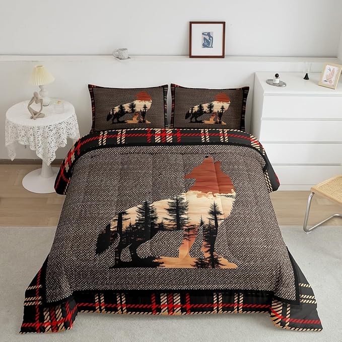 Erosebridal Wolf Bedding Set Twin Size,Howling Wolves Comforter Set for Kids Boys Girls Teens,Rustic Farmhouse Cabin Down Comforter,Safari Animals Print Duvet Insert with 1 Pillow Case,Orange Gray