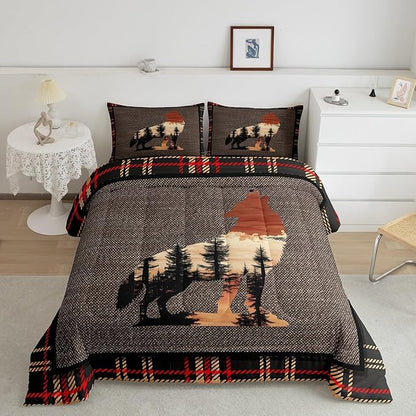 Erosebridal Wolf Bedding Set Twin Size,Howling Wolves Comforter Set for Kids Boys Girls Teens,Rustic Farmhouse Cabin Down Comforter,Safari Animals Print Duvet Insert with 1 Pillow Case,Orange Gray