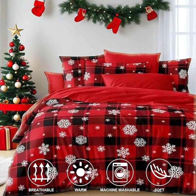 Nanko Merry Christmas Queen Size Comforter Set, Red and Black Grid Plaid Buffalo Check White Snowflake Pattern Reversible Down Alternative New Year Modern Bed Bedding Set for Women Men 90x90