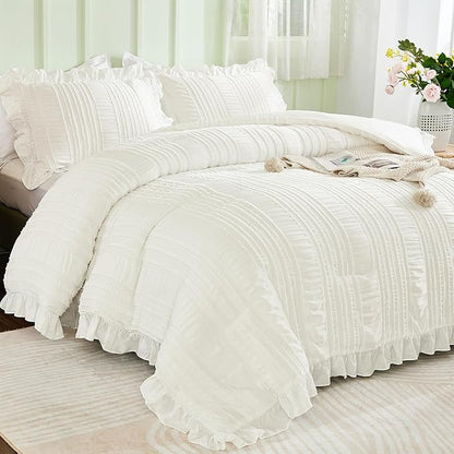 WONGS BEDDING White Comforter Set King,3 Pieces Ruffle Farmhouse Shabby Chic Boho Comforter for King Bed,Soft Textured Bedding Set with 1 Ruffle Comforter,2 Tufted Pillowcases 104"×90"