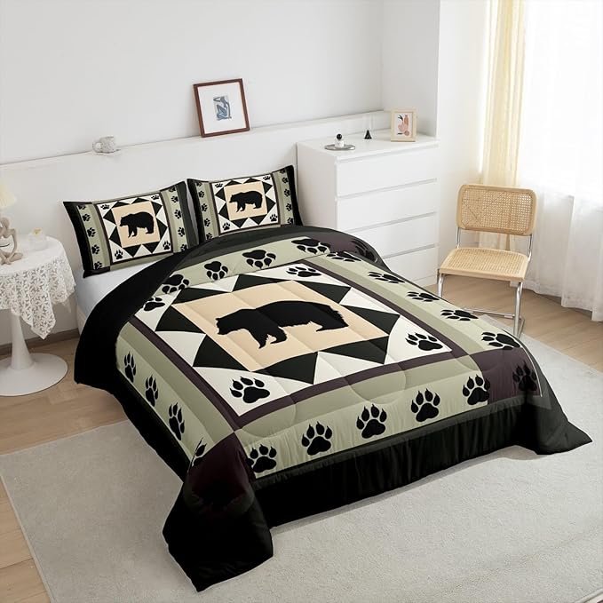 Feelyou Western Rustic Bear Print Twin Size Comforter Set,Wild Animal Hunting Theme Bedding Comforters Bedroom Collection, Rustic Cabin Country Decor Bedding Set for Girls Teens with 1 Pillowcases