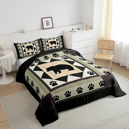 Feelyou Western Rustic Bear Print King Size Comforter Set,Wild Animal Hunting Theme Bedding Comforters Bedroom Collection, Rustic Cabin Country Decor Bedding Set for Girls Teens with 2 Pillowcases