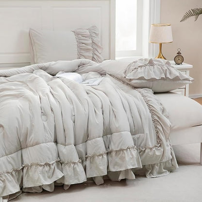 Beige Comfrter Set Queen Size Boho Bedding Comforter Shabby Chic 2 Layers Ruffles Home Decor Farmhouse Bedding Bohemian Bed Comforter