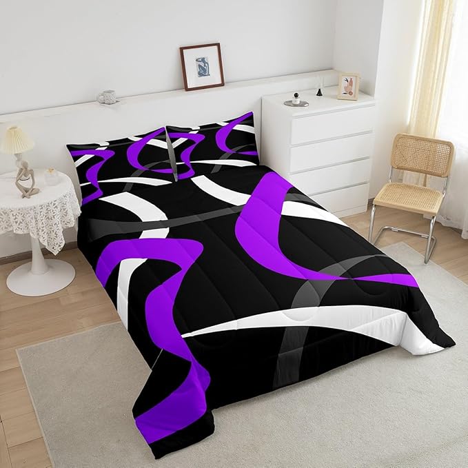 Erosebridal Grey Black Purple Bedding Comforter Sets Gray White Striped Abstract Bedding Set Queen for Girls Adults Men Women Geometric Stripes Down Comforter Modern Fashion Quilt Duvet