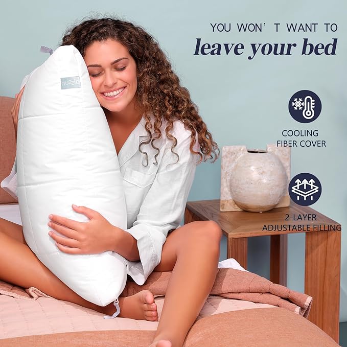 Nuzzle Cooling Adjustable Pillows Queen Size Set of 2 for Side Sleepers, Luxury Bed Pillows Hotel Collection - Best Adjust Height Soft Firm Pillows for Back, Stomach and Side Sleepers