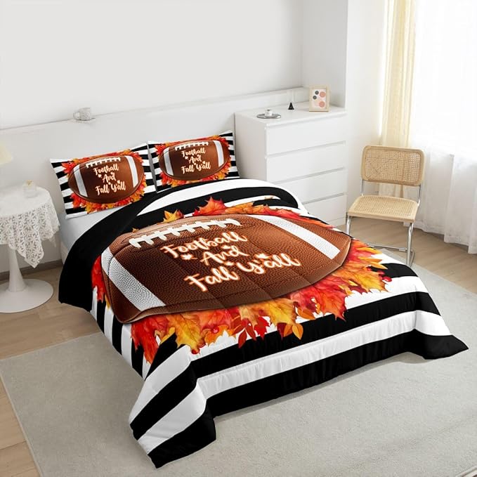 Football And Fall Y’All Bedding Set Queen For Boys Autumn Thanksgiving Theme Comforter Set For Kids Teen Ball Sports Quilt Duvet Soft Lightweight Maple Leaves Black Striped Comforter 2 Pillow Cases