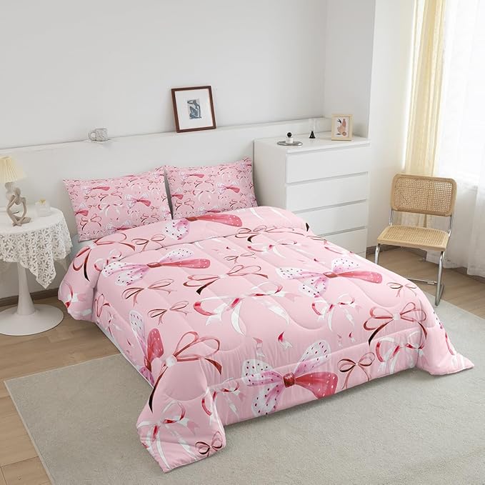 Feelyou Pink Girls Bow Bedding Set Boys Girls Queen Size Bow Comforter Set for Kids Women Men Ultra Soft Cute Bowknot Comforter Lovely Duvet Set