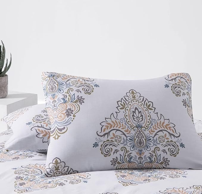 SLEEPBELLA Comforter Twin Size, 600 Thread Count Cotton Yellow & Blue Damask with Taupe Brown Reversible Pattern White Comforter Sets,Down Alternative Bedding Set 2Pcs (Twin, White Damask)
