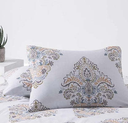 SLEEPBELLA Comforter Twin Size, 600 Thread Count Cotton Yellow & Blue Damask with Taupe Brown Reversible Pattern White Comforter Sets,Down Alternative Bedding Set 2Pcs (Twin, White Damask)