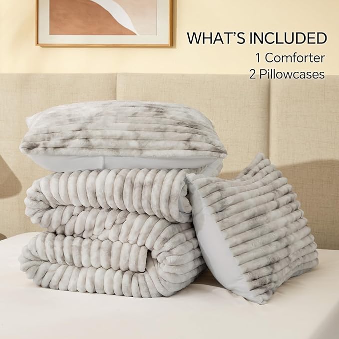 BEDELITE Fleece Queen Comforter Set -Super Soft & Warm Fluffy Grey&White Bedding, Luxury Fuzzy Heavy Bed Set for Winter with 2 Pillow Cases
