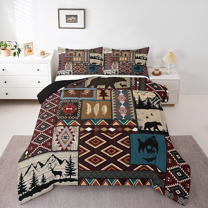 Erosebridal Western Decor,Woodland Wildlife Comforter Set Bear Moose Elk Boho Western Bedding Sets King,Ethnic Tribe Feather Quilt Geometry Aztec Duvet Insert,Rustic Farmhouse Vintage Bedroom Decor